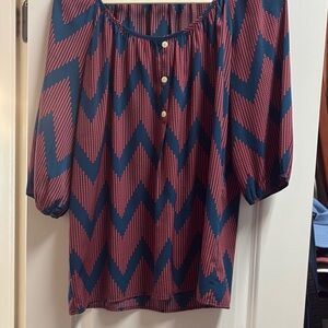 Glam Blue and Red Graphic 3/4 Sleeve Blouse